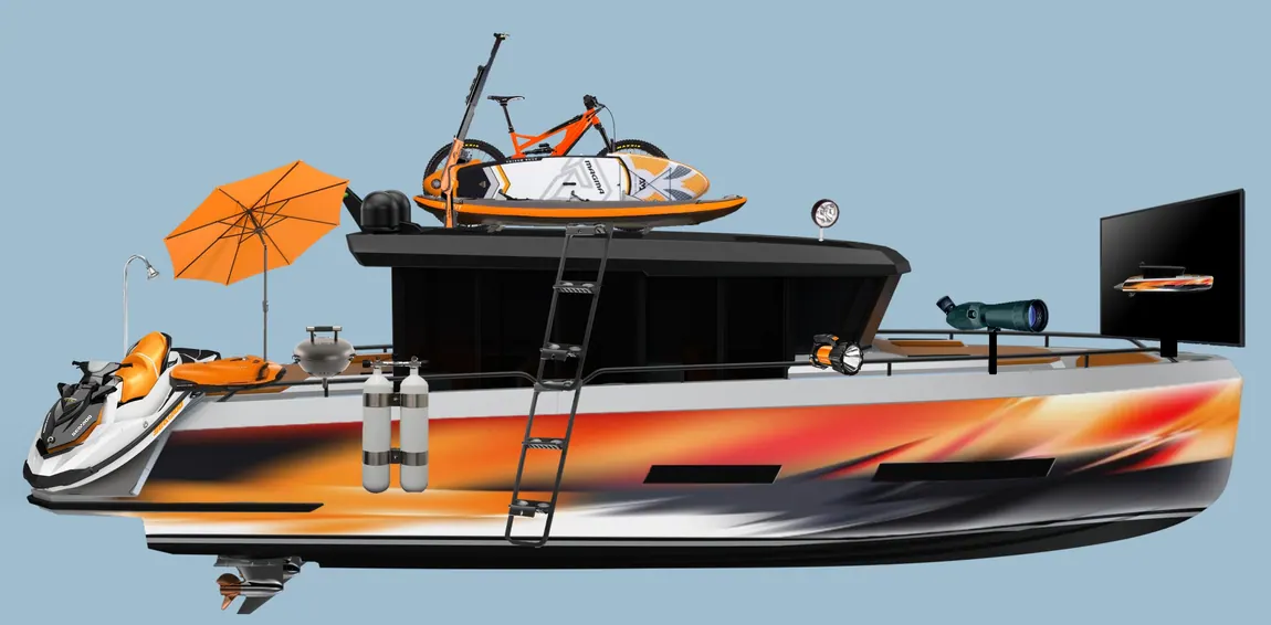 AIY 42 foliert und voll beladen — Jetski, E-Bike, SUP, Tauchflaschen, Grill, Dusche, Screen und mehr.