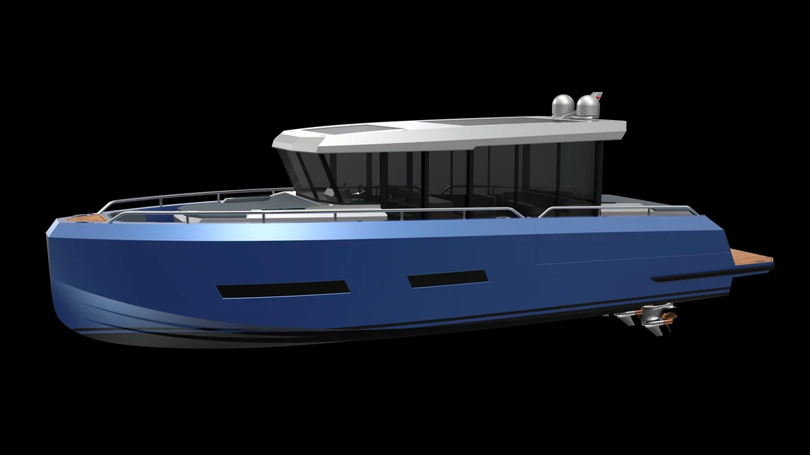 AIY 42 — ein klarer, konstanter Rumpf mit dem vorwärts geneigten Signature-Profil, Ocean-Blue-Folierung.