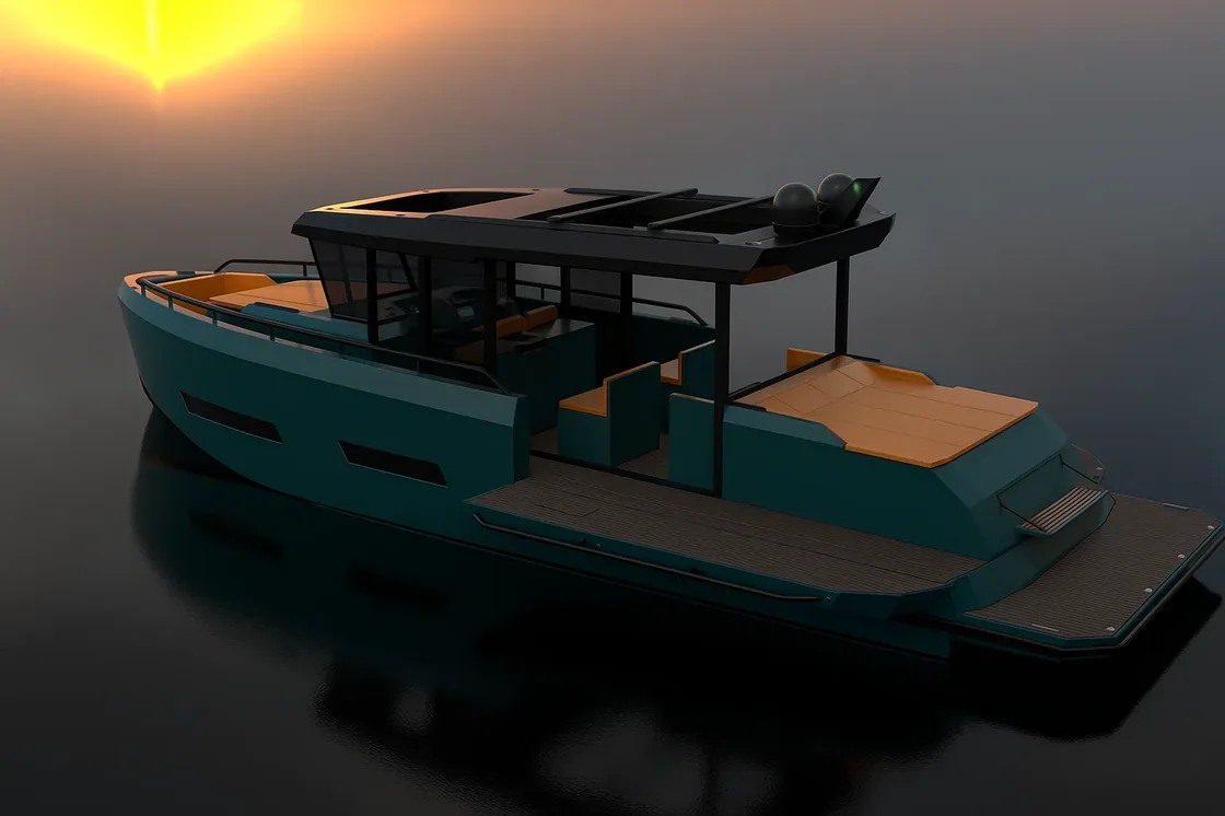 AIY 42 in Ocean-Teal-Folierung — offenes T-Top in der Dämmerung