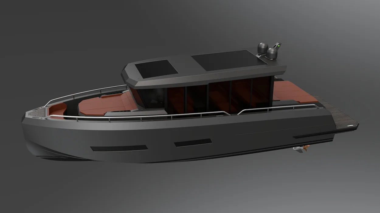 AIY 42 in Anthrazit — geschlossen und fähig, das ideale Chase-Boat für eine größere Yacht.