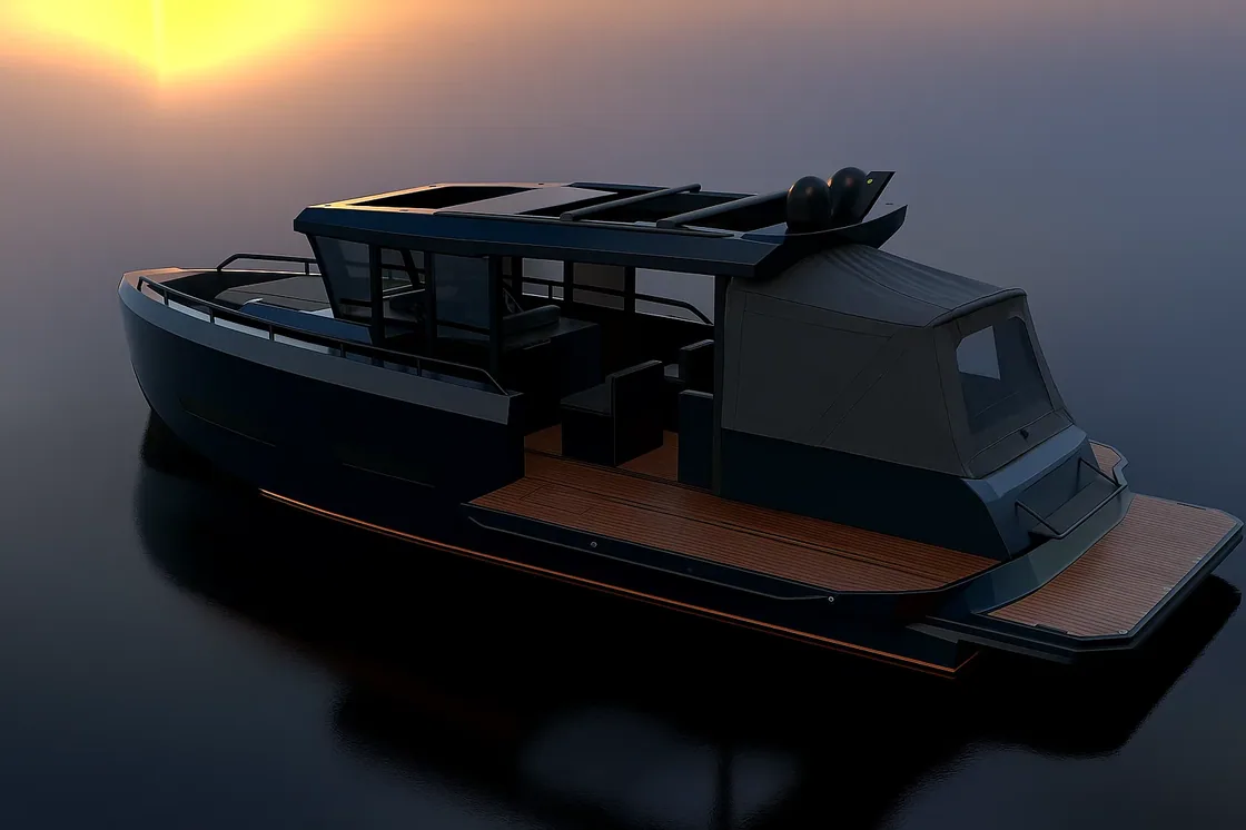 AIY 42 in Anthrazit — geschlossener Cabin Cruiser in der Dämmerung